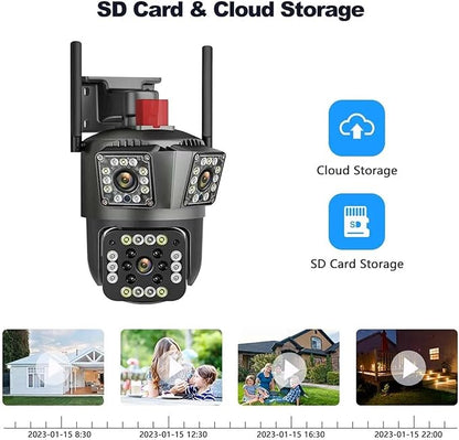 Cameră Supraveghere WiFi Ultra HD 12MP 6K, 3 Lentile, PTZ 355° cu Acoperire Panoramică, Viziune Color Noaptea, Audio Bidirecțional, Rezistenta IP66