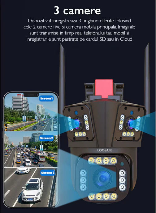 Cameră Supraveghere WiFi Ultra HD 12MP 6K, 3 Lentile, PTZ 355° cu Acoperire Panoramică, Viziune Color Noaptea, Audio Bidirecțional, Rezistenta IP66