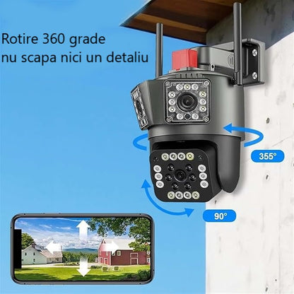 Cameră Supraveghere WiFi Ultra HD 12MP 6K, 3 Lentile, PTZ 355° cu Acoperire Panoramică, Viziune Color Noaptea, Audio Bidirecțional, Rezistenta IP66