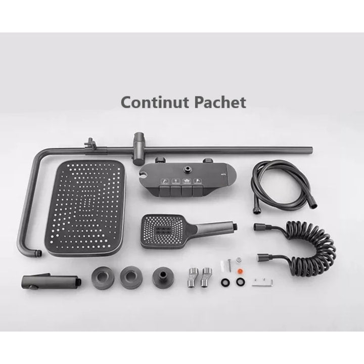 Coloana de dus piano style XPD, Set dus baie cu suport culisant, dus fix, para de dus mobila, baterie dus, 3 moduri de curgere a apei, bideu, robinet termostatic, sistem de control al apei, design modern, gri