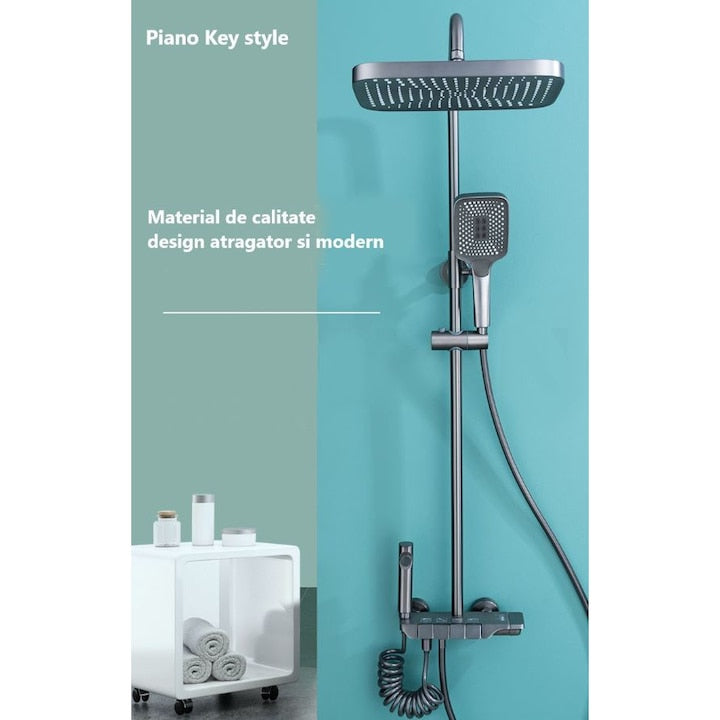 Coloana de dus piano style XPD, Set dus baie cu suport culisant, dus fix, para de dus mobila, baterie dus, 3 moduri de curgere a apei, bideu, robinet termostatic, sistem de control al apei, design modern, gri