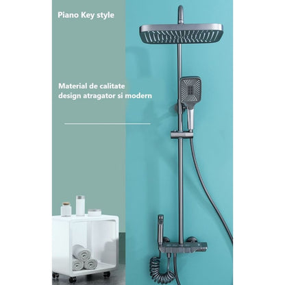 Coloana de dus piano style XPD, Set dus baie cu suport culisant, dus fix, para de dus mobila, baterie dus, 3 moduri de curgere a apei, bideu, robinet termostatic, sistem de control al apei, design modern, gri