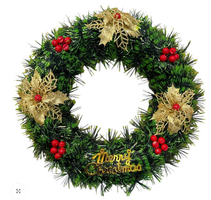 Coroană Decorativă Artificială de Crăciun 30x30 cm cu Flori Aurii și Fructe Roșii Merry Christmas, Elegantă pentru Ușă sau Perete