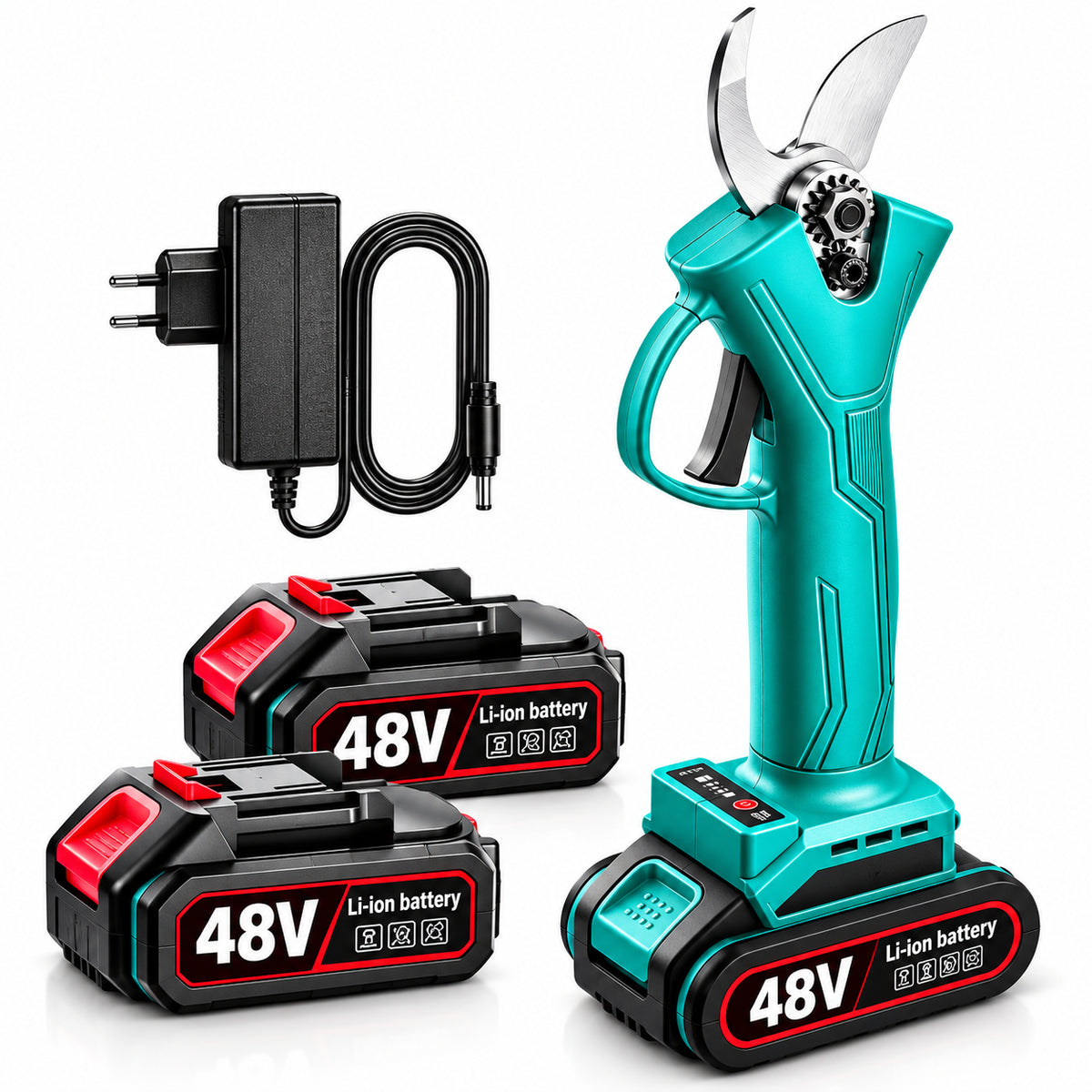 Foarfecă electrică profesională cu 2 acumulatori 48V, 5000 mAh, lame din oțel pentru vie, pomi și crengi groase