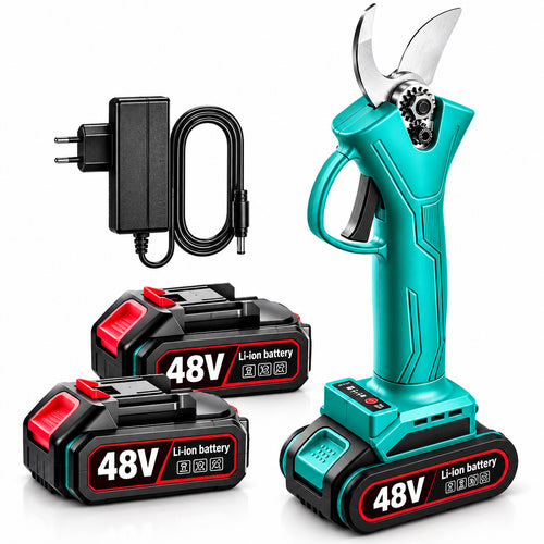 Foarfecă electrică profesională cu 2 acumulatori 48V, 5000 mAh, lame din oțel pentru vie, pomi și crengi groase