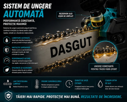 Drujba Electrică Fara fir- Motofierăstrău Dasgut, 1200W, Lamă 12 inch, 2 Acumulatori 48V, 13000 mAh Lithium, 15000 RPM, Sistem de Ungere Automată și Pompa Manuală de Ulei