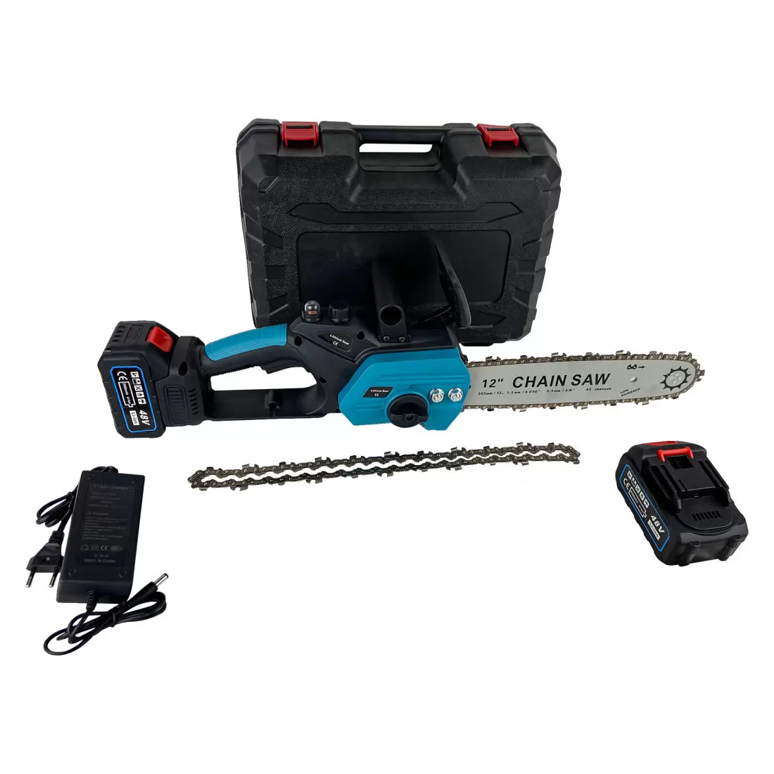 Drujba Electrică Fara fir- Motofierăstrău Dasgut, 1200W, Lamă 12 inch, 2 Acumulatori 48V, 13000 mAh Lithium, 15000 RPM, Sistem de Ungere Automată și Pompa Manuală de Ulei