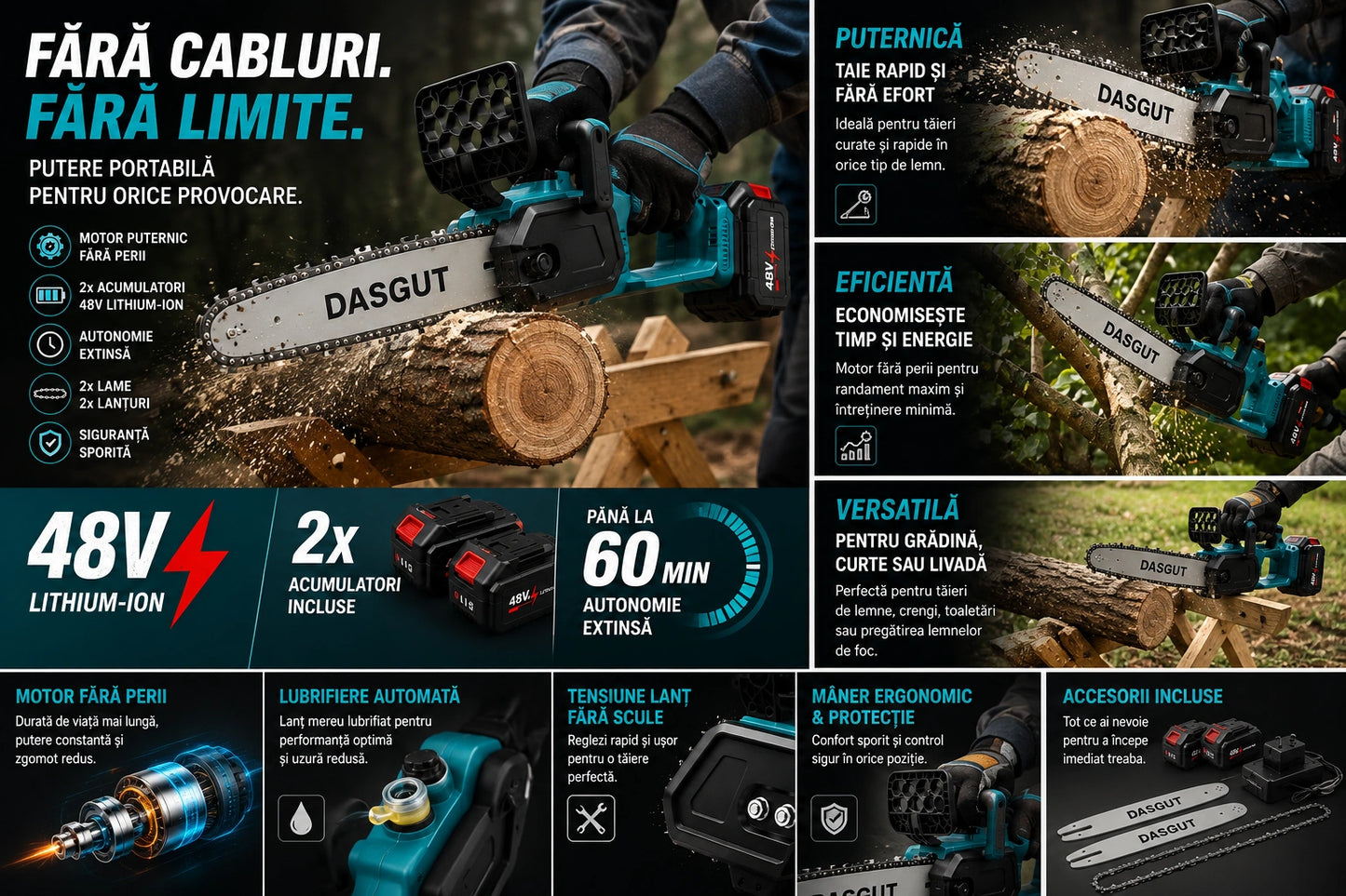 Drujba Electrică Fara fir- Motofierăstrău Dasgut, 1200W, Lamă 12 inch, 2 Acumulatori 48V, 13000 mAh Lithium, 15000 RPM, Sistem de Ungere Automată și Pompa Manuală de Ulei