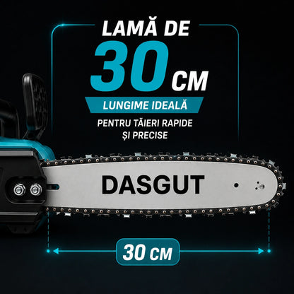 Drujba Electrică Fara fir- Motofierăstrău Dasgut, 1200W, Lamă 12 inch, 2 Acumulatori 48V, 13000 mAh Lithium, 15000 RPM, Sistem de Ungere Automată și Pompa Manuală de Ulei