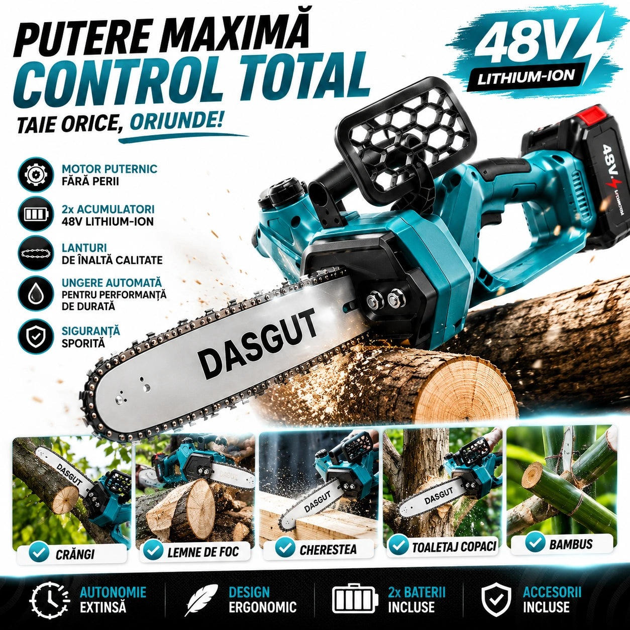 Drujba Electrică Fara fir- Motofierăstrău Dasgut, 1200W, Lamă 12 inch, 2 Acumulatori 48V, 13000 mAh Lithium, 15000 RPM, Sistem de Ungere Automată și Pompa Manuală de Ulei