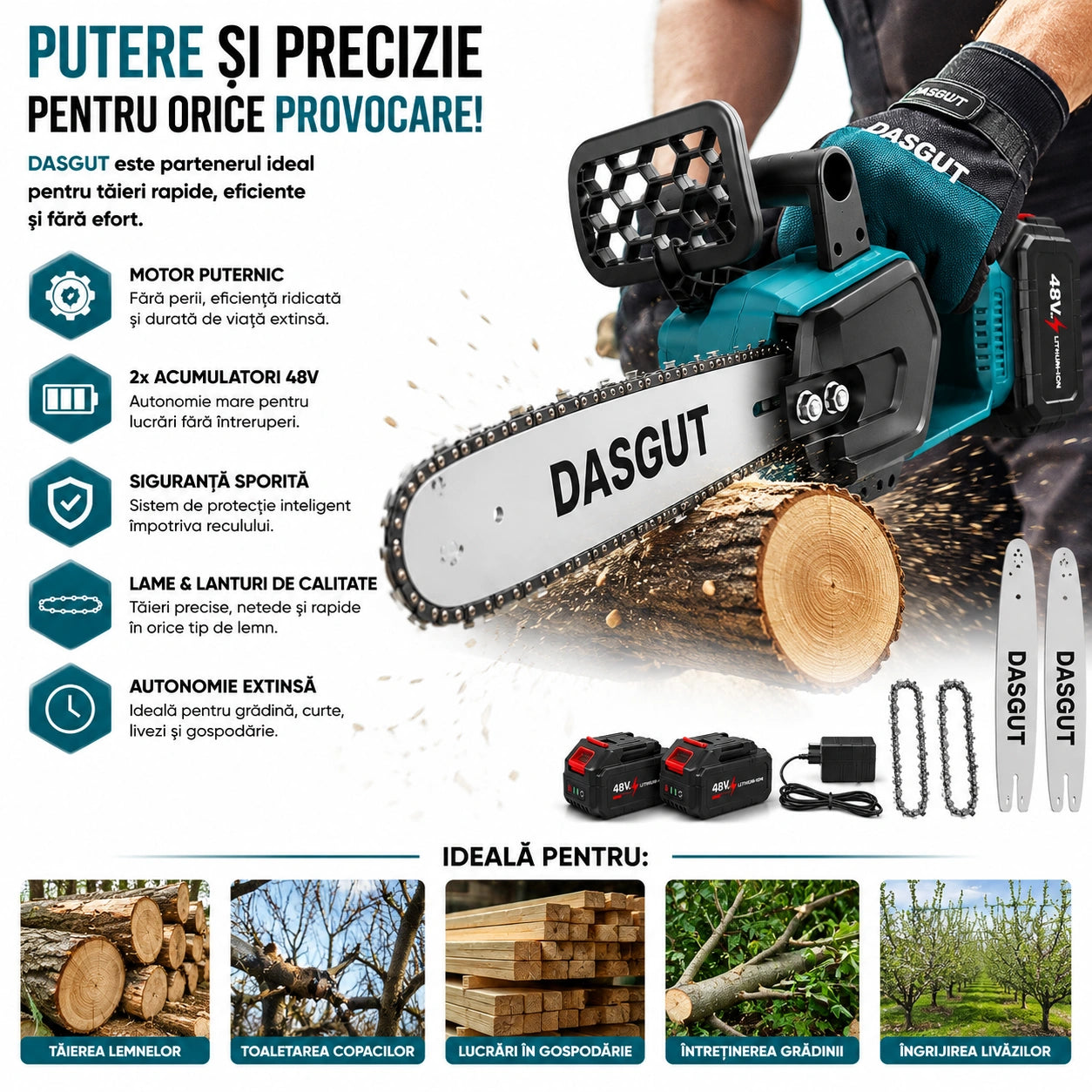 Drujba Electrică Fara fir- Motofierăstrău Dasgut, 1200W, Lamă 12 inch, 2 Acumulatori 48V, 13000 mAh Lithium, 15000 RPM, Sistem de Ungere Automată și Pompa Manuală de Ulei