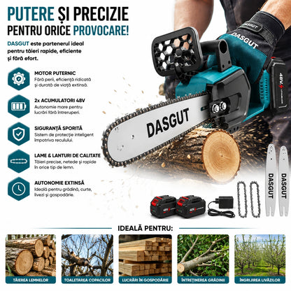 Drujba Electrică Fara fir- Motofierăstrău Dasgut, 1200W, Lamă 12 inch, 2 Acumulatori 48V, 13000 mAh Lithium, 15000 RPM, Sistem de Ungere Automată și Pompa Manuală de Ulei