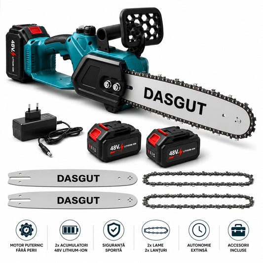 Drujba Electrică Fara fir- Motofierăstrău Dasgut, 1200W, Lamă 12 inch, 2 Acumulatori 48V, 13000 mAh Lithium, 15000 RPM, Sistem de Ungere Automată și Pompa Manuală de Ulei