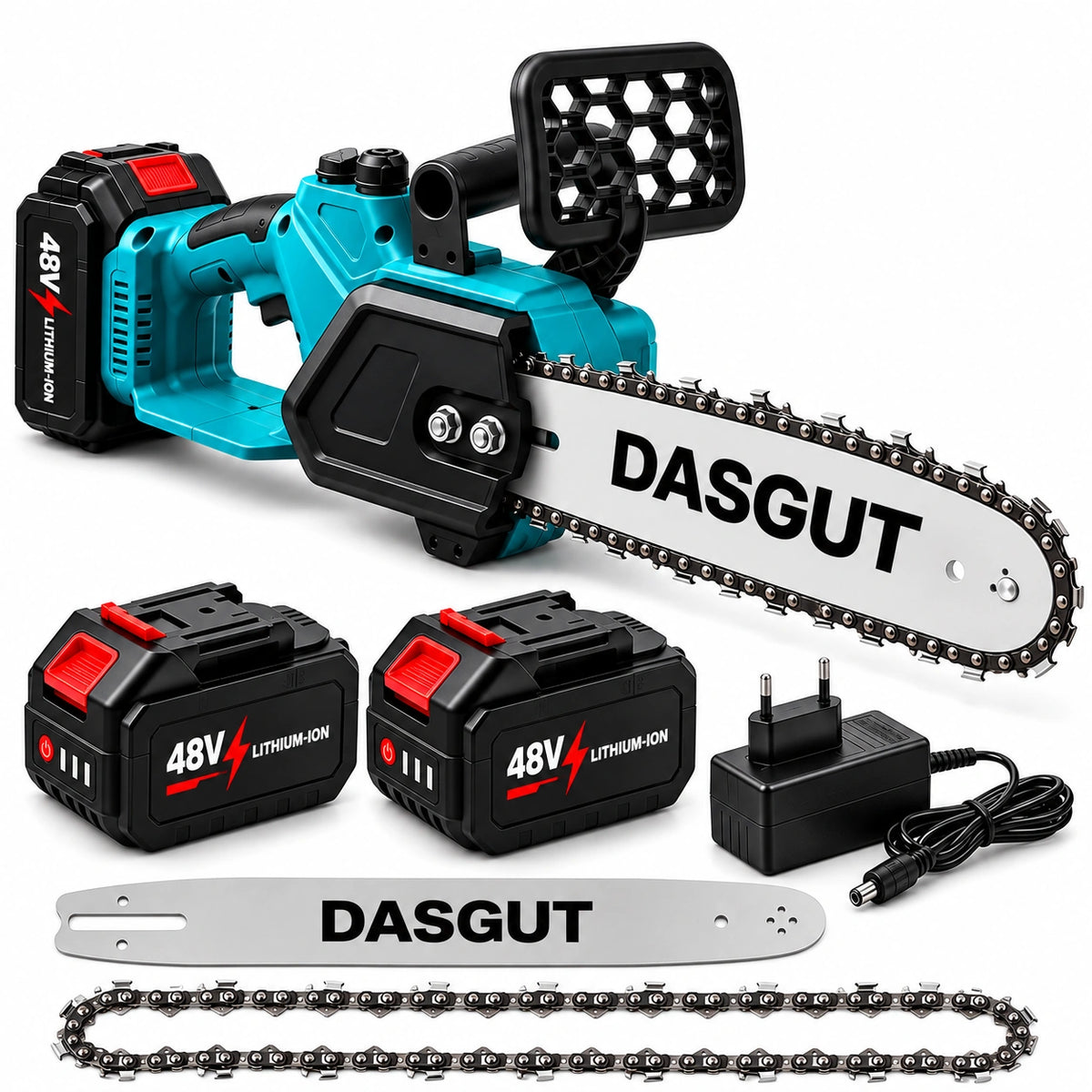 Drujba Electrică Fara fir- Motofierăstrău Dasgut, 1200W, Lamă 12 inch, 2 Acumulatori 48V, 13000 mAh Lithium, 15000 RPM, Sistem de Ungere Automată și Pompa Manuală de Ulei