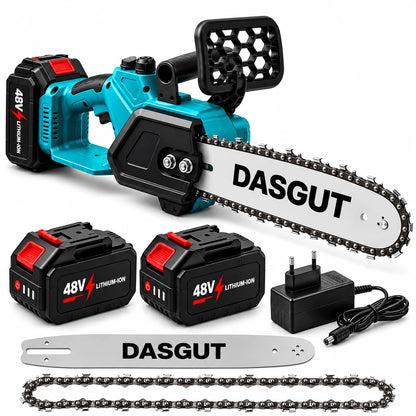 Drujba Electrică Fara fir- Motofierăstrău Dasgut, 1200W, Lamă 12 inch, 2 Acumulatori 48V, 13000 mAh Lithium, 15000 RPM, Sistem de Ungere Automată și Pompa Manuală de Ulei