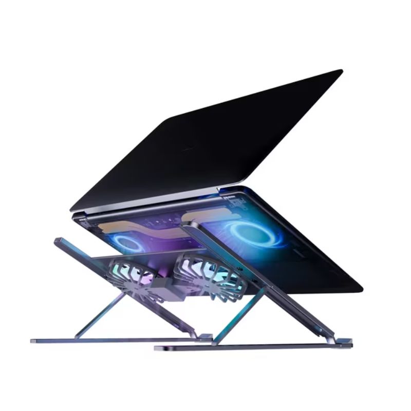 Cooler Stand Laptop, Dual Fan, Reglabil, din Aluminiu Durabil, 8 trepte de inaltime, Gri