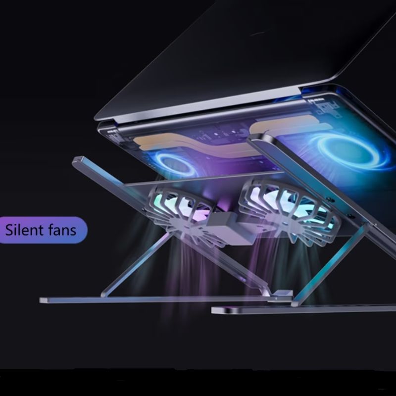 Cooler Stand Laptop, Dual Fan, Reglabil, din Aluminiu Durabil, 8 trepte de inaltime, Gri