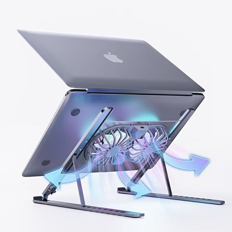 Cooler Stand Laptop, Dual Fan, Reglabil, din Aluminiu Durabil, 8 trepte de inaltime, Gri