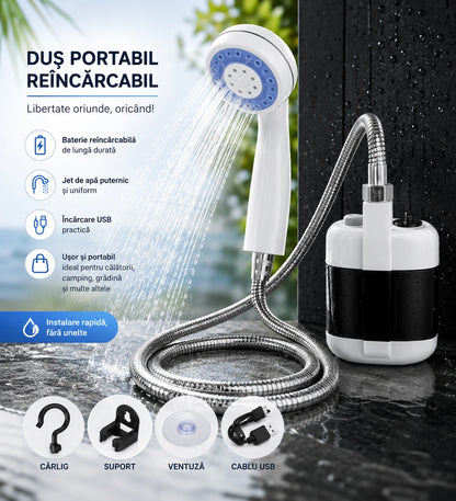 Duș Portabil Reîncărcabil cu Acumulator, Furtun 1.5M și Jet Puternic de Apă Autonomie Mare, Ideal pentru Camping, Plajă, Rulotă și Călătorii
