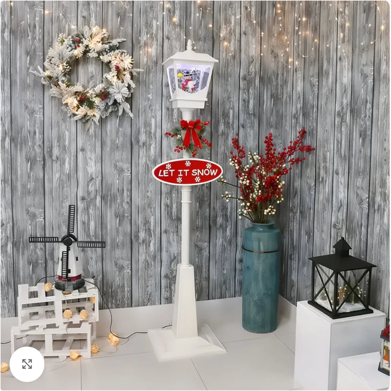 Felinar Decorativ de Crăciun cu Efect de Zăpadă și Mesaj Merry Christmas, 180x40x40 cm iluminat LED, pentru Interior si exterior, Alb