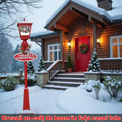 Felinar Decorativ de Crăciun cu Efect de Zăpadă și Mesaj Merry Christmas, iluminat LED Alb-cald 106x31x21 cm, Ideal pentru Interior si exterior