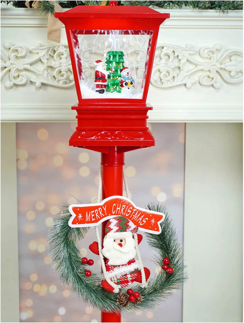 Felinar Decorativ de Crăciun cu Efect de Zăpadă și Mesaj Merry Christmas, iluminat LED Alb-cald 106x31x21 cm, Ideal pentru Interior si exterior