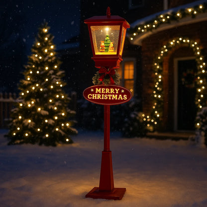 Felinar Decorativ de Crăciun cu Efect de Zăpadă și Mesaj Merry Christmas, iluminat LED Alb-cald 180x40x40 cm, Ideal pentru Interior si exterior, Rosu