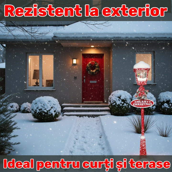 Felinar Decorativ de Crăciun cu Efect de Zăpadă și Mesaj Merry Christmas, iluminat LED Alb-cald 180x40x40 cm, Ideal pentru Interior si exterior, Rosu