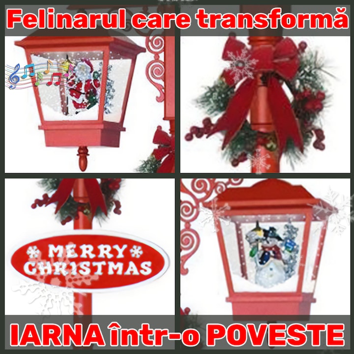 Felinar Decorativ de Crăciun cu Efect de Zăpadă și Mesaj Merry Christmas, iluminat LED Alb-cald 180x40x40 cm, Ideal pentru Interior si exterior, Rosu