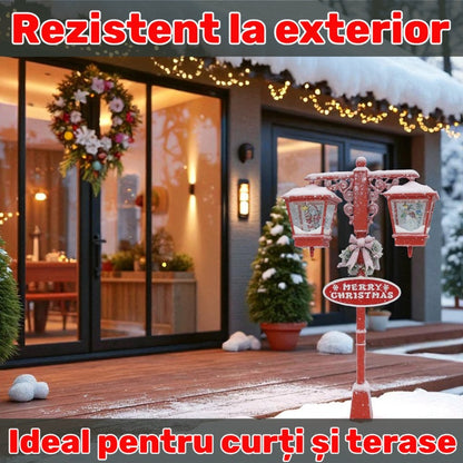 Felinar decorativ de Crăciun LED cu zăpadă în mișcare, Om de Zăpadă si Moș Crăciun 81x40x188 cm interior și exterior, Rosu