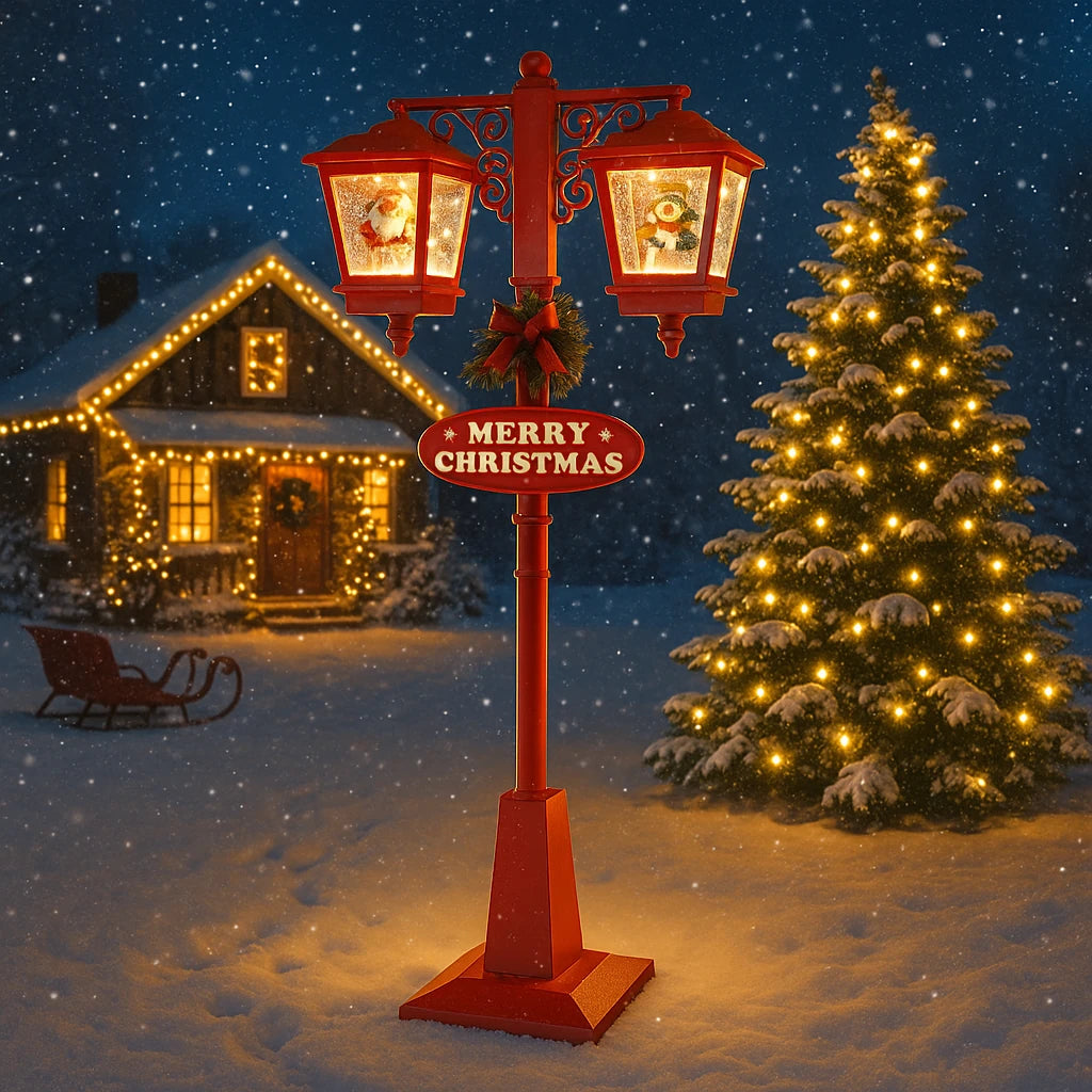 Felinar decorativ de Crăciun LED cu zăpadă în mișcare, Om de Zăpadă si Moș Crăciun 81x40x188 cm interior și exterior, Rosu