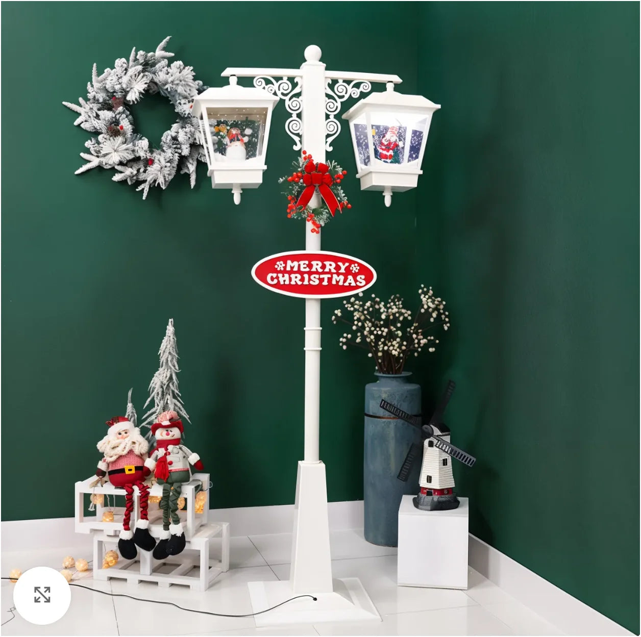 Felinar decorativ de Crăciun LED cu zăpadă în mișcare, Moș Crăciun și Om de Zăpadă 81x40x188 cm, pentru interior și exterior