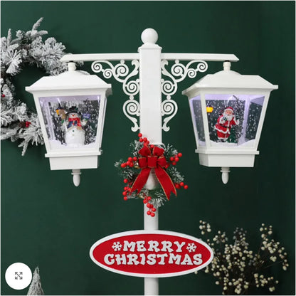 Felinar decorativ de Crăciun LED cu zăpadă în mișcare, Moș Crăciun și Om de Zăpadă 81x40x188 cm, pentru interior și exterior