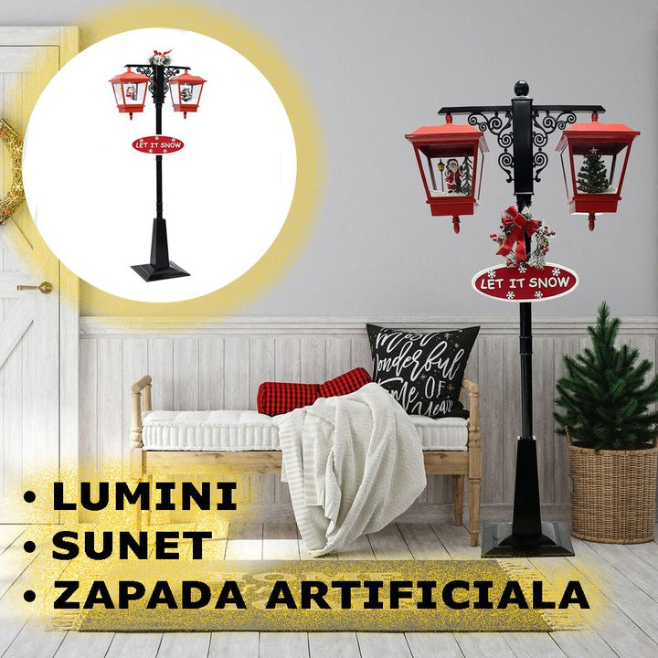 Felinar decorativ de Crăciun LED cu zăpadă în mișcare, Moș Crăciun și Om de Zăpadă 81x40x188 cm, pentru interior și exterior
