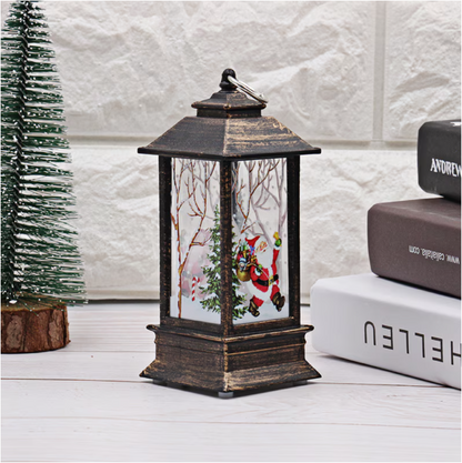 Felinar decorativ de Crăciun LED Lumina calda, cu Moș Crăciun şi efect de zăpadă