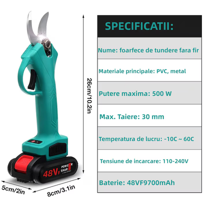Foarfecă electrică profesională cu 2 acumulatori 36V, 5000 mAh, lame din oțel pentru vie, pomi și crengi groase