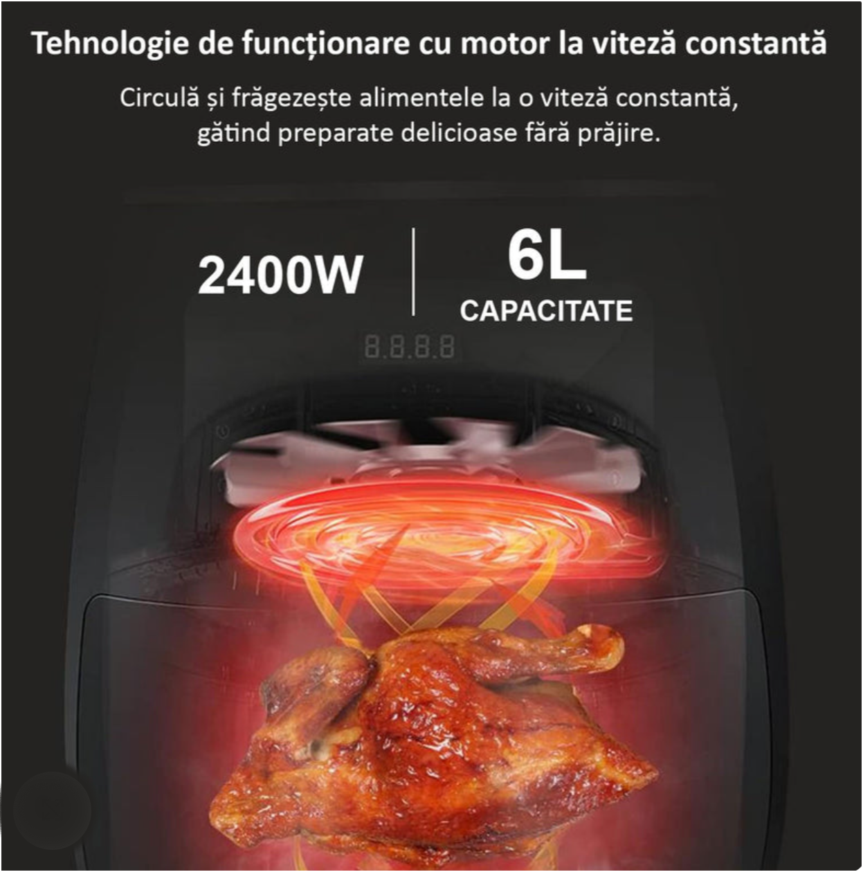 Friteuză cu aer cald 6L fără ulei, cu ecran digital tactil, 360° circulație aer, Air Fryer multifuncțional, 2400W