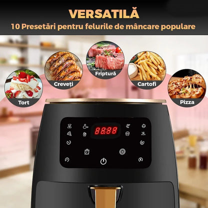 Friteuză cu aer cald 6L fără ulei, cu ecran digital tactil, 360° circulație aer, Air Fryer multifuncțional, 2400W