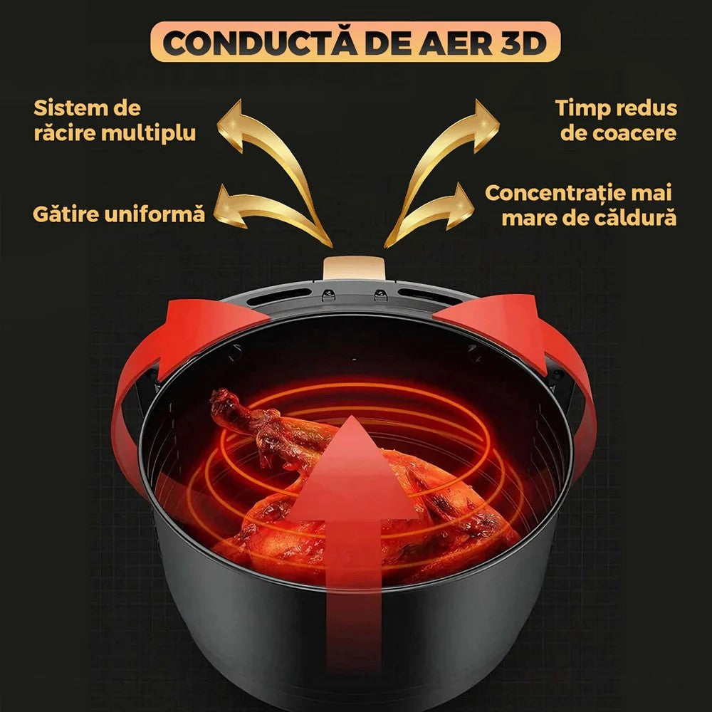 Friteuză cu aer cald 6L fără ulei, cu ecran digital tactil, 360° circulație aer, Air Fryer multifuncțional, 2400W