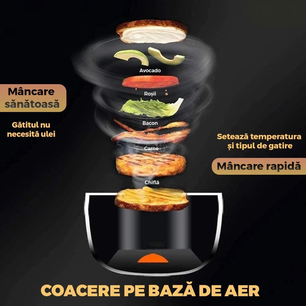 Friteuză cu aer cald 6L fără ulei, cu ecran digital tactil, 360° circulație aer, Air Fryer multifuncțional, 2400W