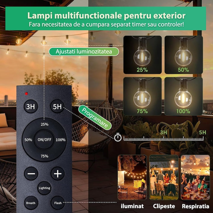 Ghirlanda Luminoasa solara Lumina Alb cald, 30M, Interconectabila, 4 Moduri de Iluminare, Becuri LED, Telecomanda inclusa, Rezistenta la Apa Autonomie Mare