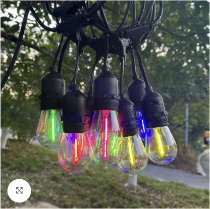 Ghirlanda Luminoasa solara RGB, 8 Moduri de Iluminare, 25M, Becuri LED G40, 3000K, Telecomanda inclusa, IP65, Autonomie Mare, lumina colorata