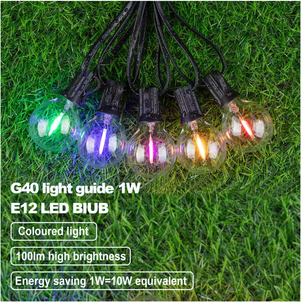 Ghirlanda Luminoasa solara RGB, 8 Moduri de Iluminare, 25M, Becuri LED G40, 3000K, Telecomanda inclusa, IP65, Autonomie Mare, lumina colorata