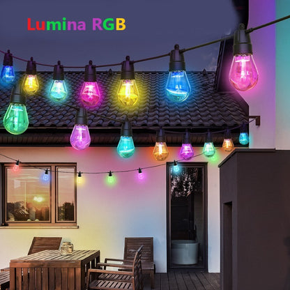 Ghirlanda Luminoasa solara RGB, 8 Moduri de Iluminare, 25M, Becuri LED G40, 3000K, Telecomanda inclusa, IP65, Autonomie Mare, lumina colorata