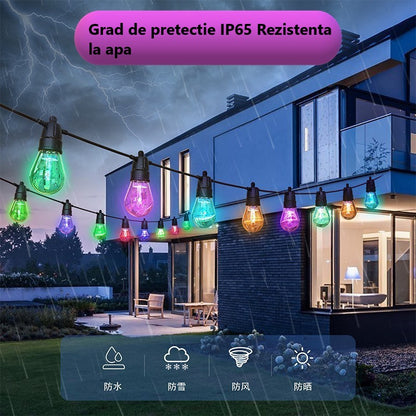 Ghirlanda Luminoasa solara RGB, 8 Moduri de Iluminare, 25M, Becuri LED G40, 3000K, Telecomanda inclusa, IP65, Autonomie Mare, lumina colorata