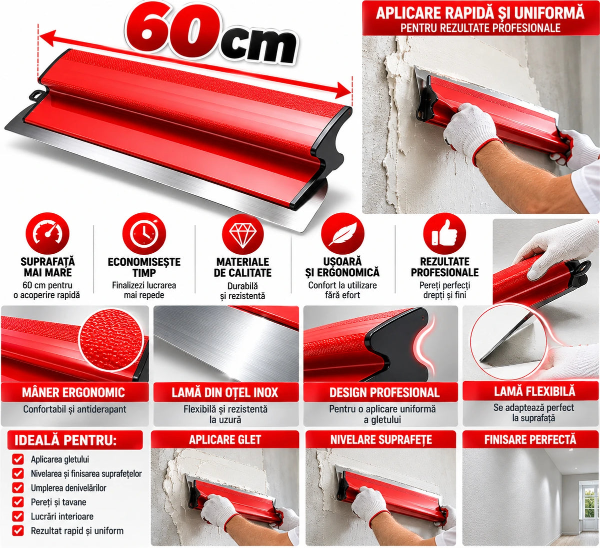 Gletieră Profesională pentru Aplicat și Nivelat Glet, 60 cm, Lamă Flexibilă din Oțel Inoxidabil, Mâner Ergonomic Antiderapant, pentru Finisarea Pereților și Tavanelor