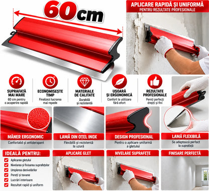 Gletieră Profesională pentru Aplicat și Nivelat Glet, 60 cm, Lamă Flexibilă din Oțel Inoxidabil, Mâner Ergonomic Antiderapant, pentru Finisarea Pereților și Tavanelor