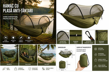 Hamac Suspendat cu Plasă de Protecție împotriva Insectelor 260x140cm Pat Portabil pentru Camping, Drumeții, Pescuit și Relaxare în Natură