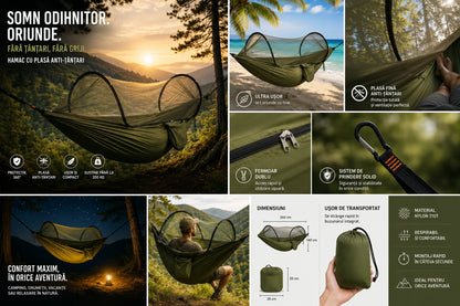 Hamac Suspendat cu Plasă de Protecție împotriva Insectelor 260x140cm Pat Portabil pentru Camping, Drumeții, Pescuit și Relaxare în Natură