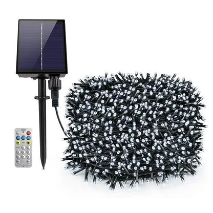 Instalație LED Crăciun 10M cu Panou Solar Lumina Alb-Rece, 100 LED Rezistentă la Apă pentru Exterior și Interior